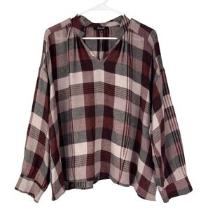 Madewell Womens XL Plaid V-Neck Long Sleeve Wool Blend Blouse Burgundy Gray
